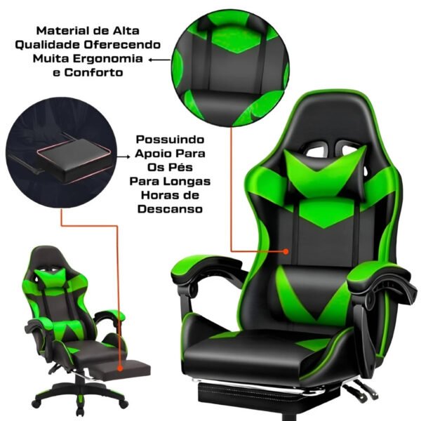 Cadeira Escritório Gamer Ergonômica Reclinável Confortável Com Rodinha E Apoio Para Os Pés - Imagem 3