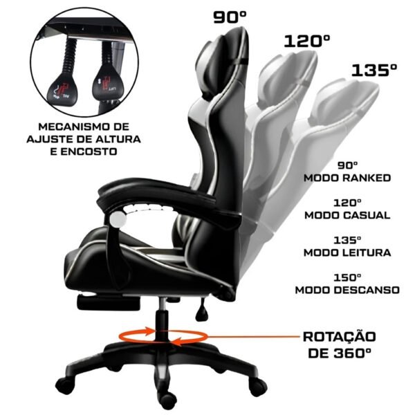 Cadeira Escritório Gamer Ergonômica Reclinável Confortável Com Rodinha E Apoio Para Os Pés - Imagem 5