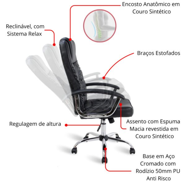 Cadeira Gamer Super Confort Ergonômica Luxo Vix Giratória base Cromada Reclinável Relax Couro Sintético - Imagem 3