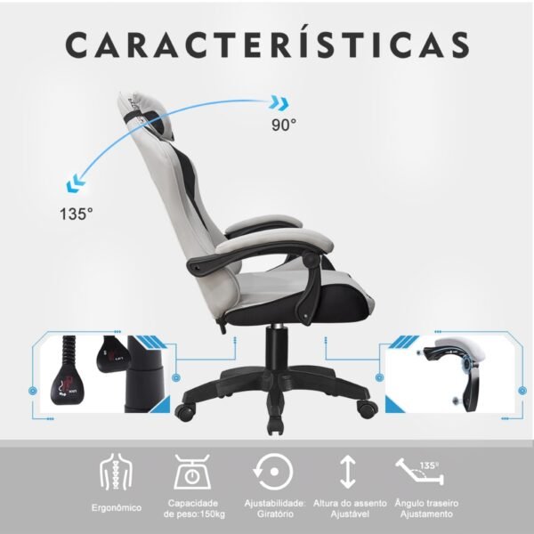 Cadeira Gamer Profissional Ergonômica 150kg - Reclinável com Apoio Lombar - Imagem 5