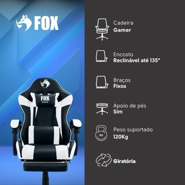 Cadeira Gamer Fox Racer Zerda com Apoio de Pés Branca - W20 - Imagem 5